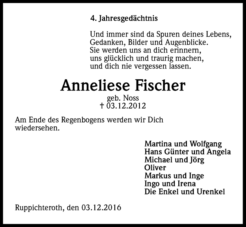  Traueranzeige für Anneliese Fischer vom 03.12.2016 aus Kölner Stadt-Anzeiger / Kölnische Rundschau / Express