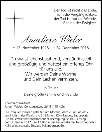 Anzeige von Anneliese Wieler von Kölner Stadt-Anzeiger / Kölnische Rundschau / Express