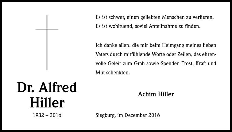  Traueranzeige für Alfred Hiller vom 21.12.2016 aus Kölner Stadt-Anzeiger / Kölnische Rundschau / Express