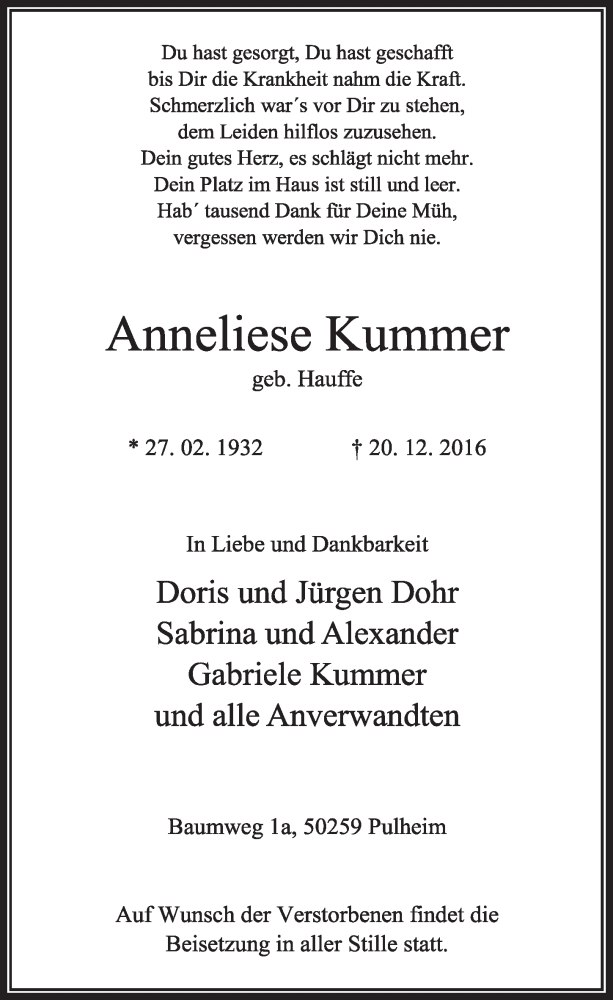  Traueranzeige für Anneliese Kummer vom 31.12.2016 aus  Sonntags-Post 