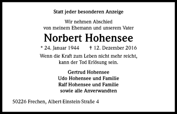 Anzeige von Norbert Hohensee von Kölner Stadt-Anzeiger / Kölnische Rundschau / Express