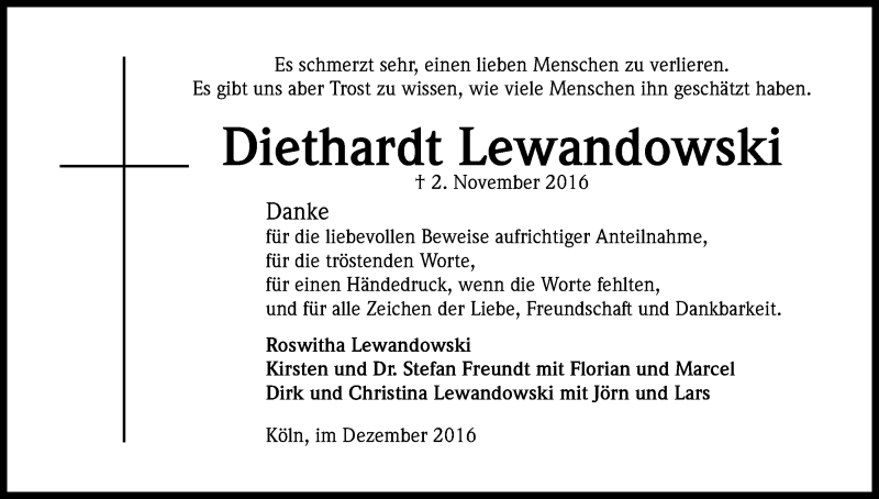  Traueranzeige für Diethardt Lewandowski vom 17.12.2016 aus Kölner Stadt-Anzeiger / Kölnische Rundschau / Express