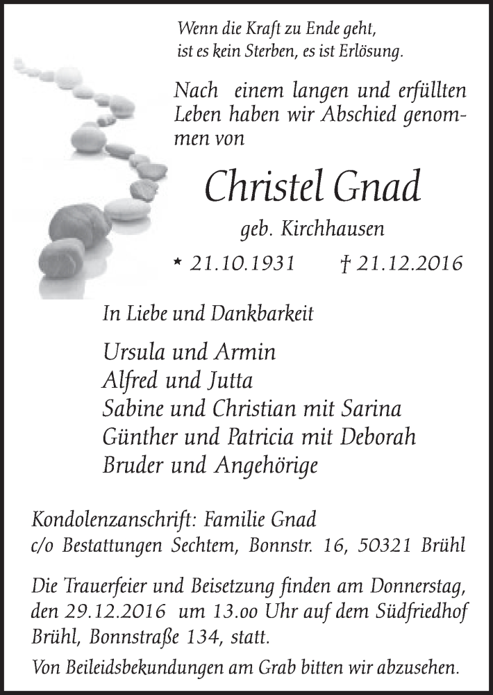  Traueranzeige für Christel Gnad vom 28.12.2016 aus  Schlossbote/Werbekurier 
