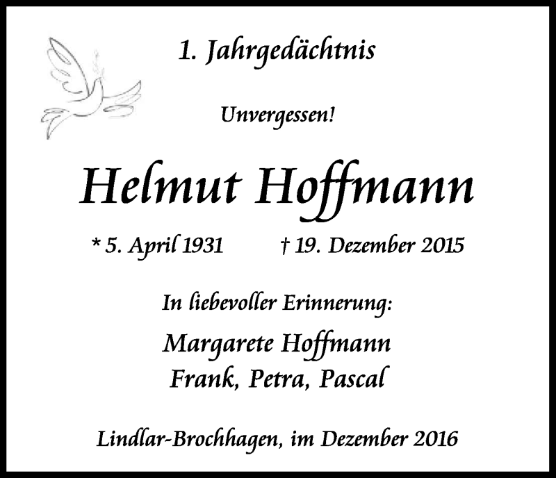  Traueranzeige für Helmut Hoffmann vom 19.12.2016 aus Kölner Stadt-Anzeiger / Kölnische Rundschau / Express