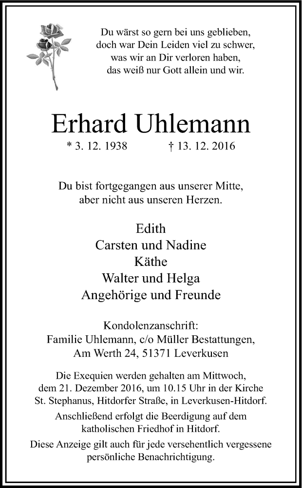  Traueranzeige für Erhard Uhlemann vom 17.12.2016 aus Kölner Stadt-Anzeiger / Kölnische Rundschau / Express