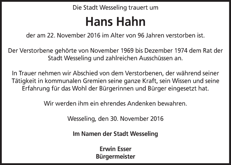  Traueranzeige für Hans Hahn vom 07.12.2016 aus  Schlossbote/Werbekurier 