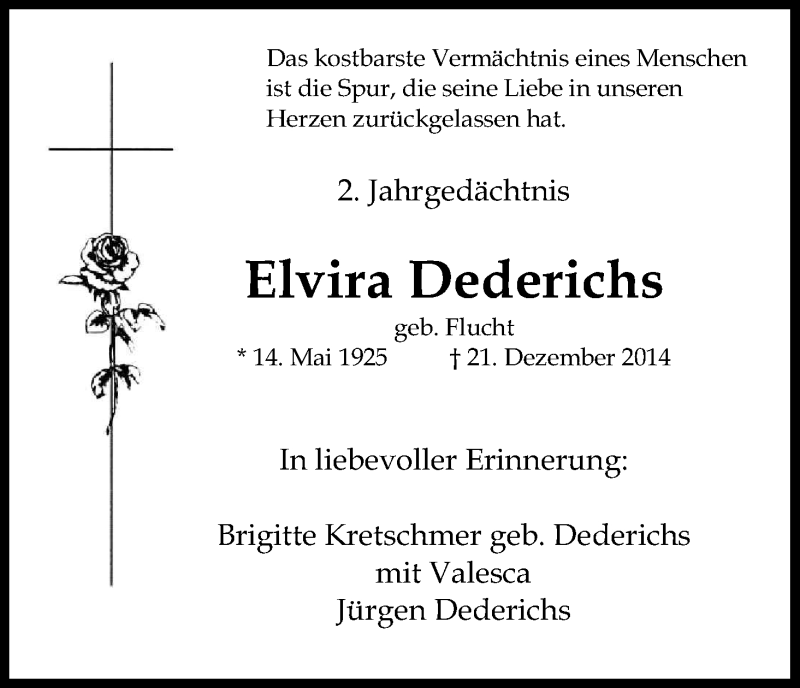  Traueranzeige für Elvira Dederichs vom 21.12.2016 aus Kölner Stadt-Anzeiger / Kölnische Rundschau / Express