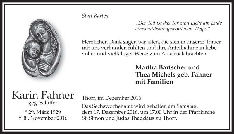  Traueranzeige für Karin Fahner vom 10.12.2016 aus  Sonntags-Post 