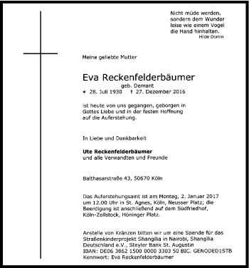 Anzeige von Eva Reckenfelderbäumer von Kölner Stadt-Anzeiger / Kölnische Rundschau / Express
