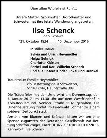 Anzeige von Ilse Schenck von Kölner Stadt-Anzeiger / Kölnische Rundschau / Express