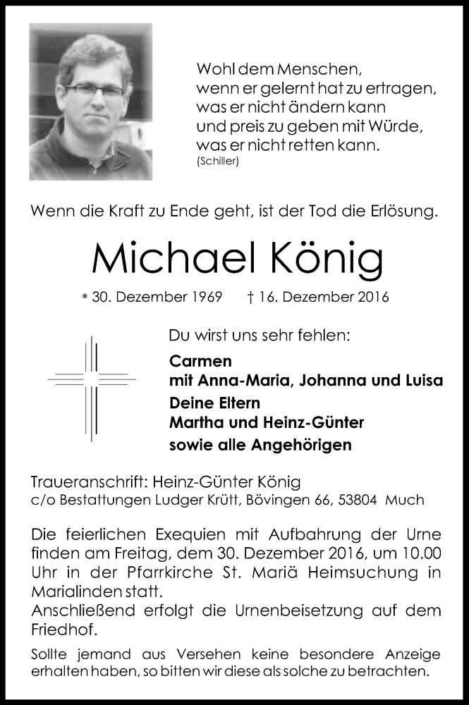  Traueranzeige für Michael König vom 23.12.2016 aus Kölner Stadt-Anzeiger / Kölnische Rundschau / Express