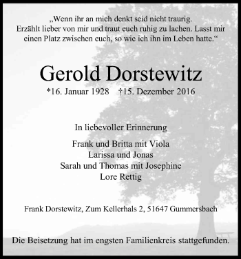 Anzeige von Gerold Dorstewitz von Kölner Stadt-Anzeiger / Kölnische Rundschau / Express