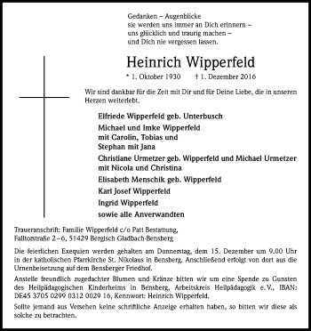 Anzeige von Heinrich Wipperfeld von Kölner Stadt-Anzeiger / Kölnische Rundschau / Express