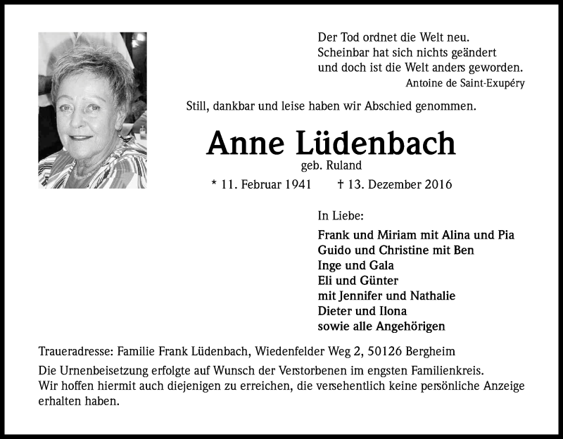  Traueranzeige für Anne Lüdenbach vom 28.12.2016 aus Kölner Stadt-Anzeiger / Kölnische Rundschau / Express