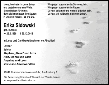 Anzeige von Erika Sidowski von Kölner Stadt-Anzeiger / Kölnische Rundschau / Express