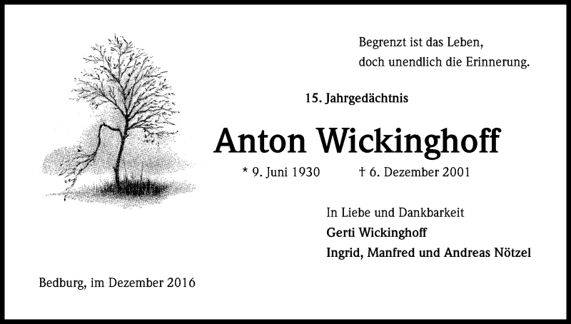  Traueranzeige für Anton Wickinghoff vom 10.12.2016 aus Kölner Stadt-Anzeiger / Kölnische Rundschau / Express
