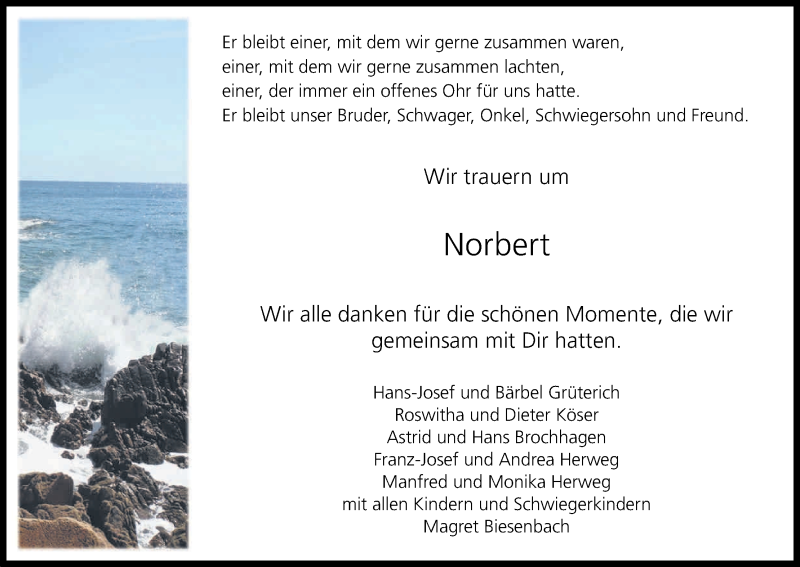  Traueranzeige für Norbert Grüterich vom 31.12.2016 aus Kölner Stadt-Anzeiger / Kölnische Rundschau / Express