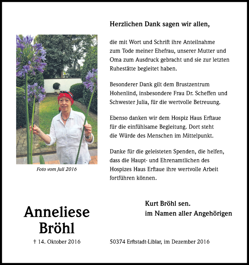  Traueranzeige für Anneliese Bröhl vom 10.12.2016 aus Kölner Stadt-Anzeiger / Kölnische Rundschau / Express