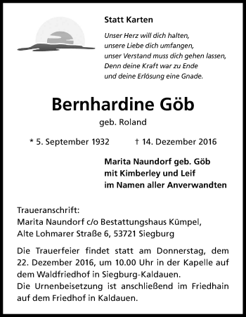 Anzeige von Bernhardine Göb von Kölner Stadt-Anzeiger / Kölnische Rundschau / Express