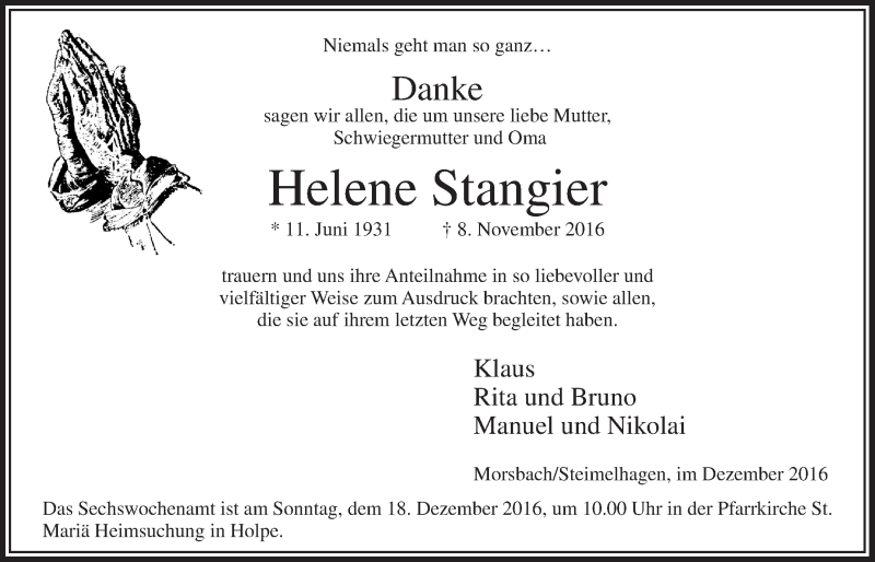  Traueranzeige für Helene Stangier vom 14.12.2016 aus  Lokalanzeiger 