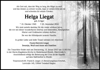 Anzeige von Helga Liegat von Kölner Stadt-Anzeiger / Kölnische Rundschau / Express