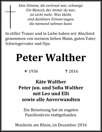 Anzeige von Peter Walther von Kölner Stadt-Anzeiger / Kölnische Rundschau / Express
