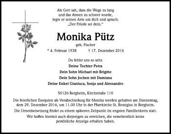 Anzeige von Monika Pütz von Kölner Stadt-Anzeiger / Kölnische Rundschau / Express