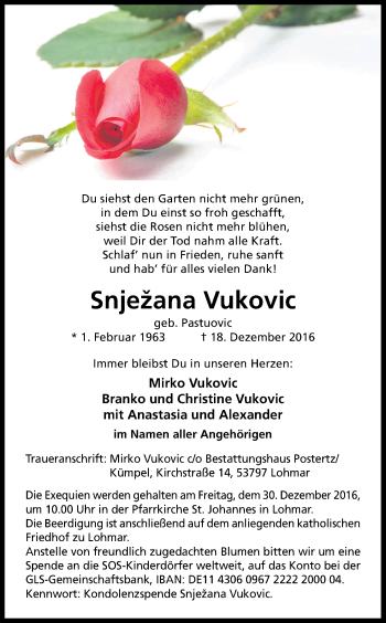 Anzeige von Snjezana Vukovic von Kölner Stadt-Anzeiger / Kölnische Rundschau / Express