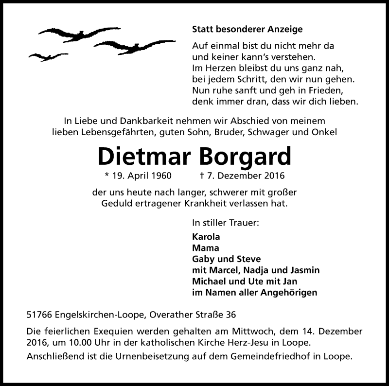  Traueranzeige für Dietmar Borgard vom 09.12.2016 aus Kölner Stadt-Anzeiger / Kölnische Rundschau / Express