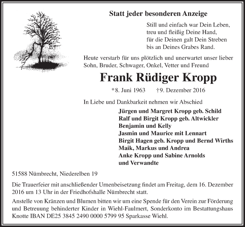  Traueranzeige für Frank Rüdiger Kropp vom 14.12.2016 aus  Lokalanzeiger 