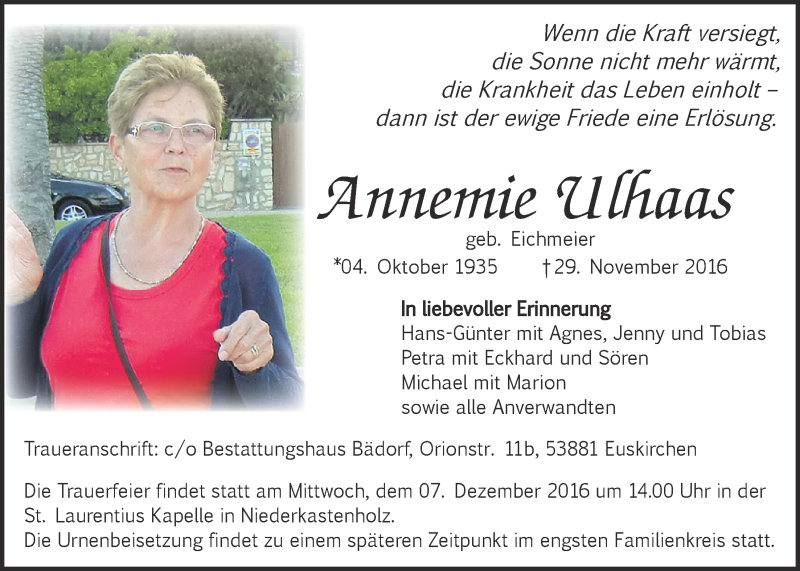  Traueranzeige für Annemie Ulhaas vom 03.12.2016 aus  Blickpunkt Euskirchen 