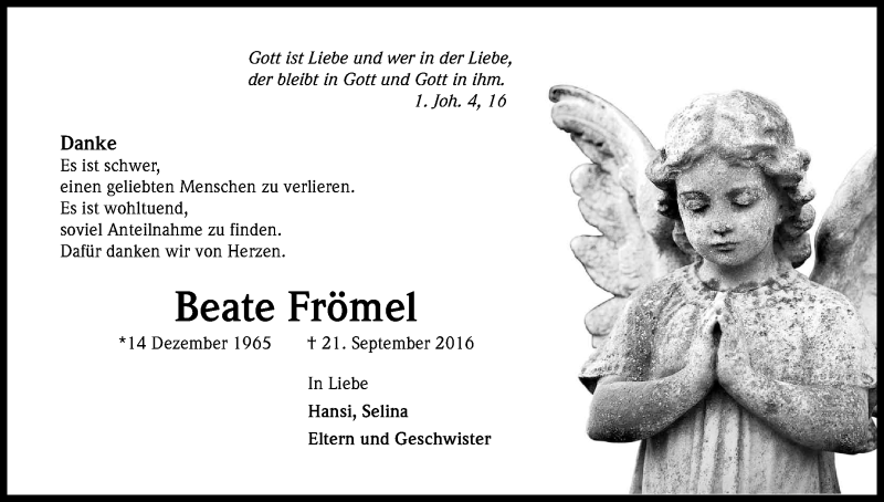  Traueranzeige für Beate Frömel vom 23.12.2016 aus Kölner Stadt-Anzeiger / Kölnische Rundschau / Express
