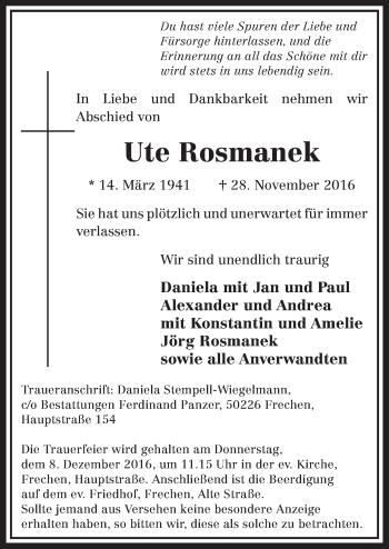 Anzeige von Ute Rosmanek von  Sonntags-Post 