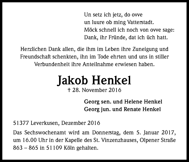  Traueranzeige für Jakob Henkel vom 24.12.2016 aus Kölner Stadt-Anzeiger / Kölnische Rundschau / Express