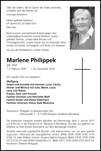 Anzeige von Marlene Philippek von Kölner Stadt-Anzeiger / Kölnische Rundschau / Express