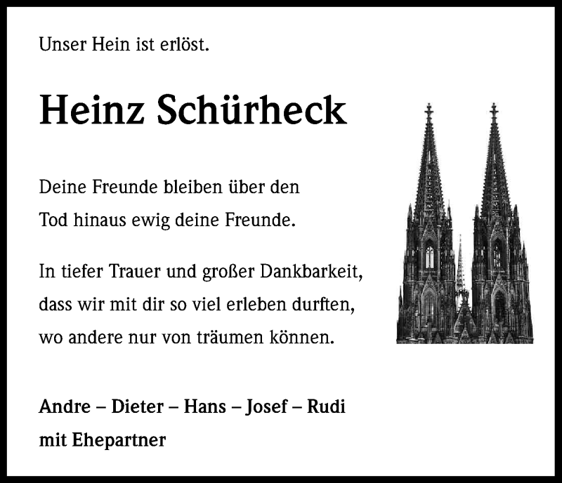  Traueranzeige für Heinz Schürheck vom 16.12.2016 aus Kölner Stadt-Anzeiger / Kölnische Rundschau / Express