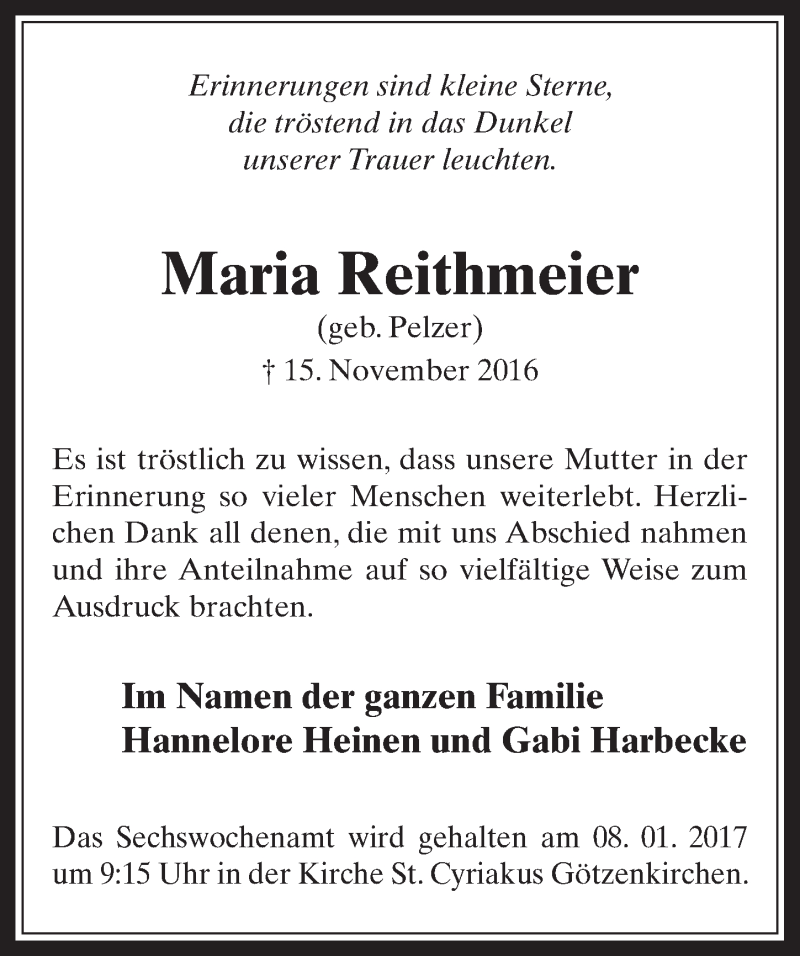  Traueranzeige für Maria Reithmeier vom 28.12.2016 aus  Werbepost 