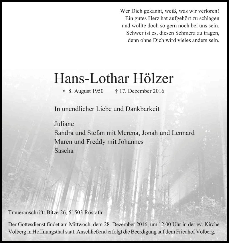  Traueranzeige für Hans-Lothar Hölzer vom 23.12.2016 aus Kölner Stadt-Anzeiger / Kölnische Rundschau / Express
