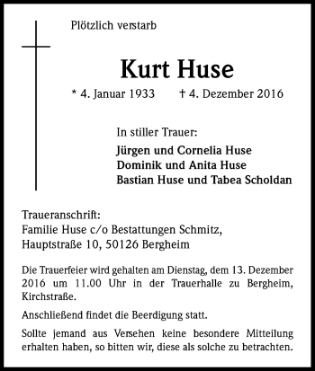 Anzeige von Kurt Huse von Kölner Stadt-Anzeiger / Kölnische Rundschau / Express