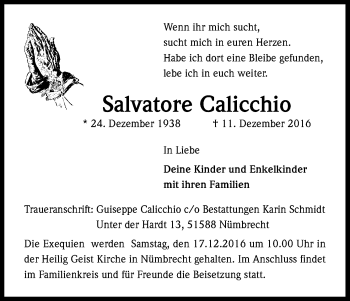 Anzeige von Salvatore Calicchio von Kölner Stadt-Anzeiger / Kölnische Rundschau / Express