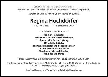 Anzeige von Regina Hochdörfer von Kölner Stadt-Anzeiger / Kölnische Rundschau / Express