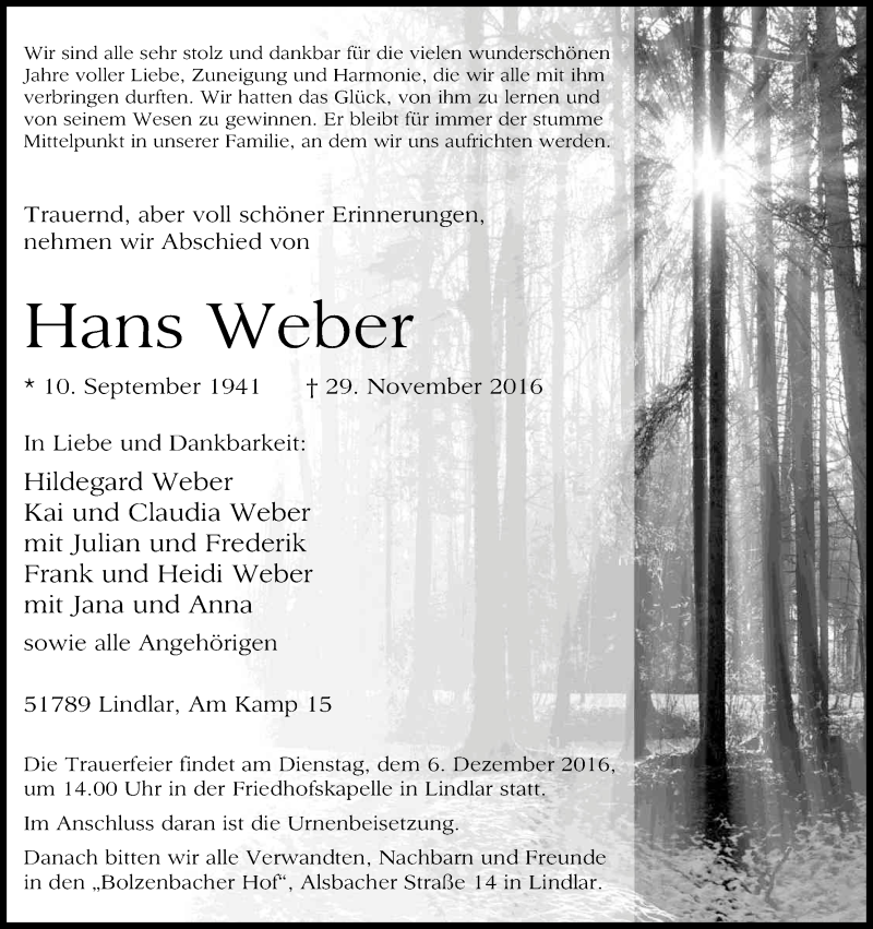  Traueranzeige für Hans Weber vom 03.12.2016 aus Kölner Stadt-Anzeiger / Kölnische Rundschau / Express