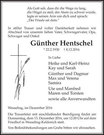 Anzeige von Günther Hentschel von  Schlossbote/Werbekurier 