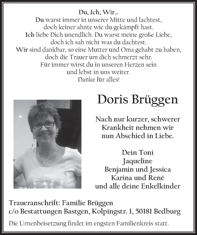  Traueranzeige für Doris Brüggen vom 28.12.2016 aus  Werbepost 