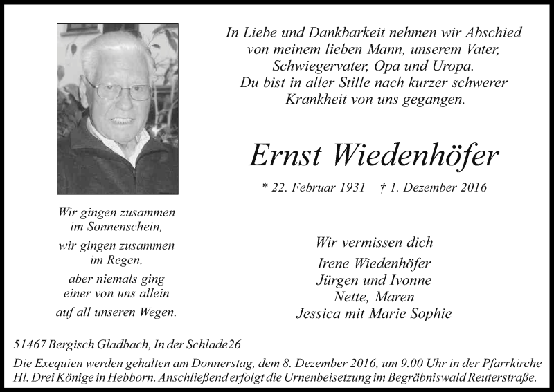  Traueranzeige für Ernst Wiedenhöfer vom 03.12.2016 aus Kölner Stadt-Anzeiger / Kölnische Rundschau / Express