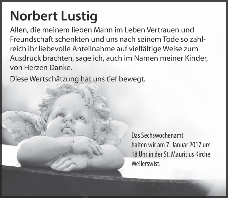  Traueranzeige für Norbert Lustig vom 31.12.2016 aus  Blickpunkt Euskirchen 