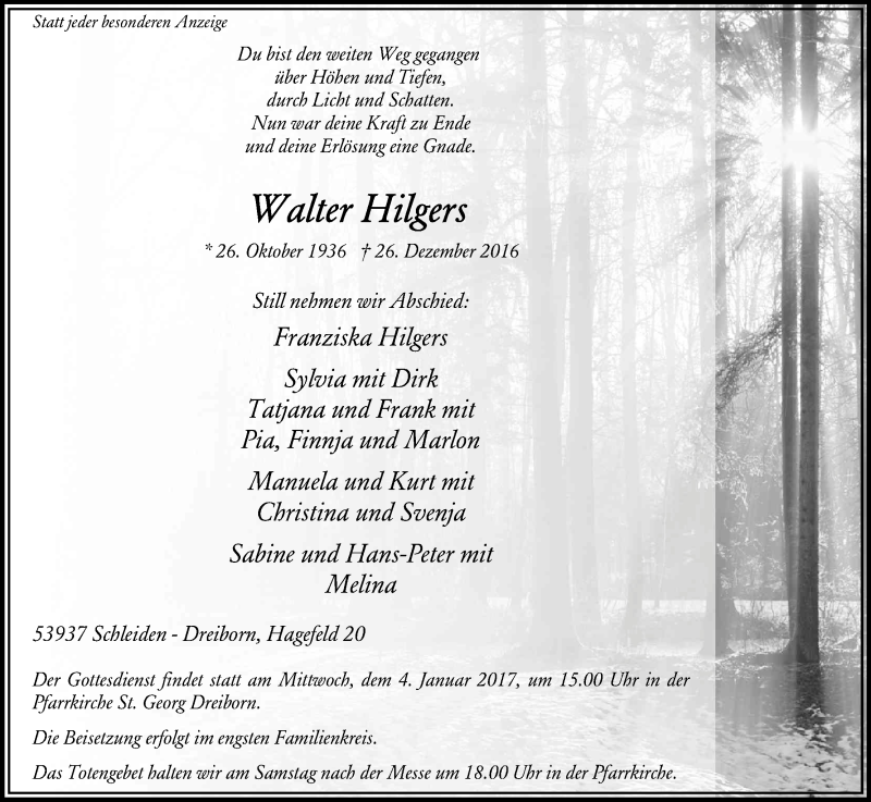  Traueranzeige für Walter Hilgers vom 31.12.2016 aus Kölner Stadt-Anzeiger / Kölnische Rundschau / Express