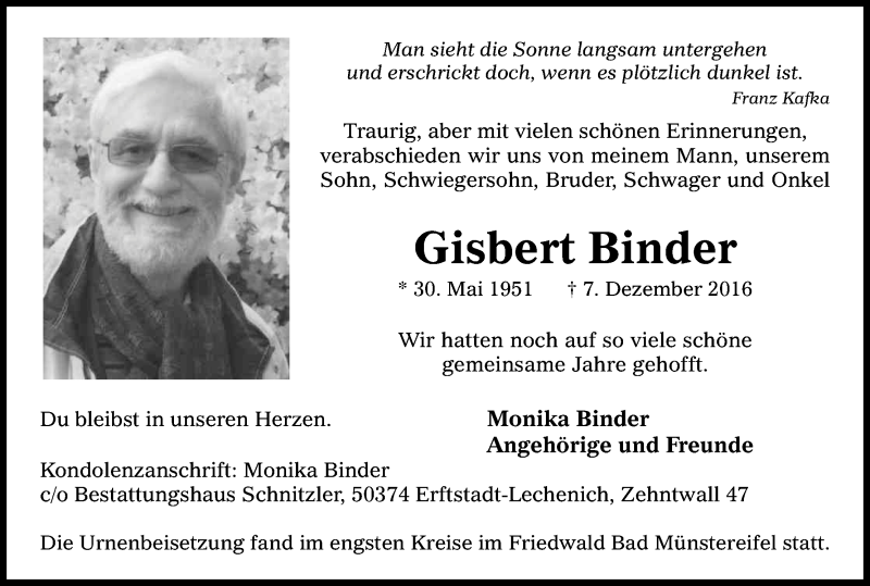  Traueranzeige für Gisbert Binder vom 29.12.2016 aus Kölner Stadt-Anzeiger / Kölnische Rundschau / Express