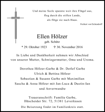 Anzeige von Ellen Hölzer von Kölner Stadt-Anzeiger / Kölnische Rundschau / Express