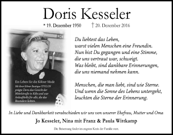 Anzeige von Doris Kesseler von Kölner Stadt-Anzeiger / Kölnische Rundschau / Express
